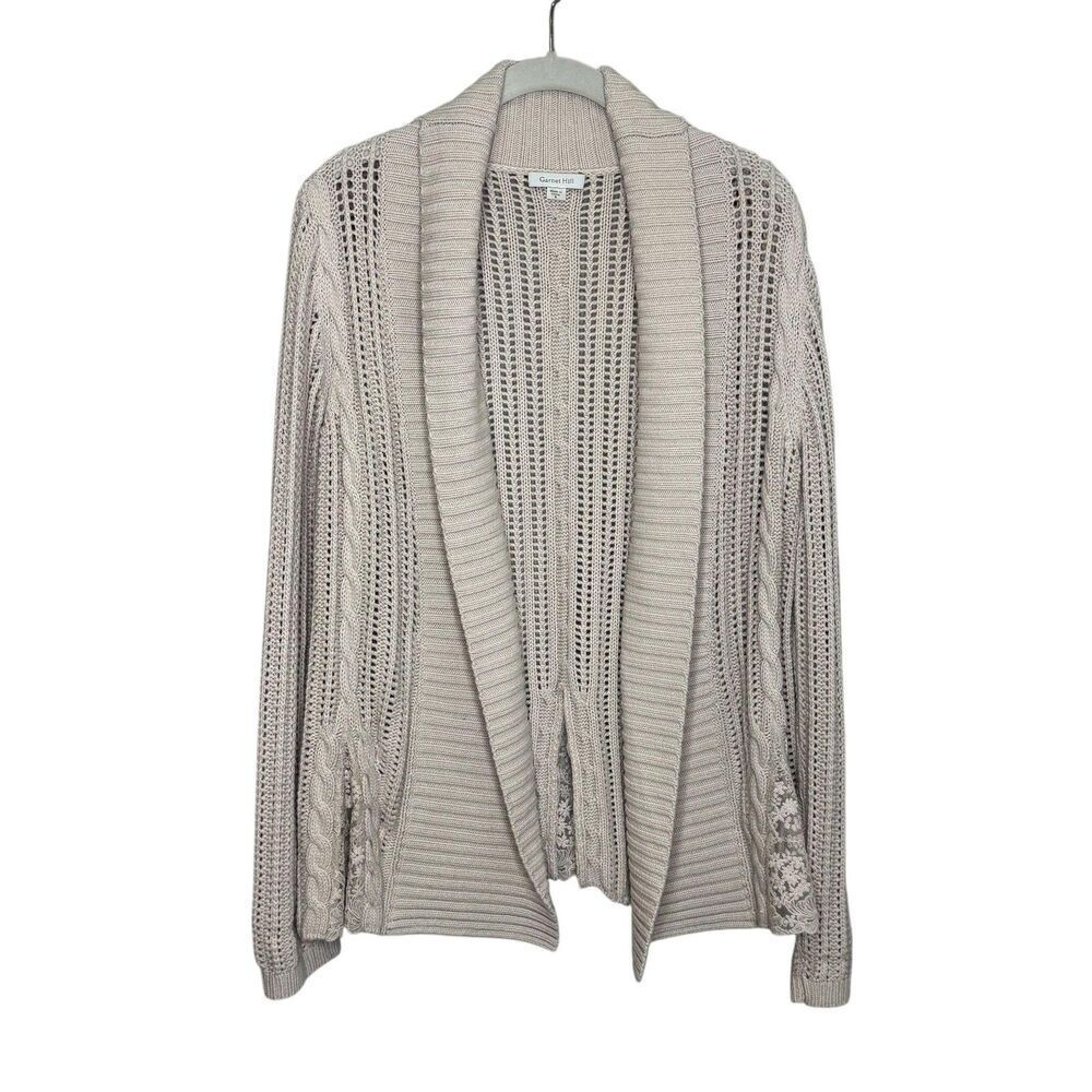 Garnet Hill Cardigan Sweater Small Taupe Open Knit Shawl Collar Lace Trim
